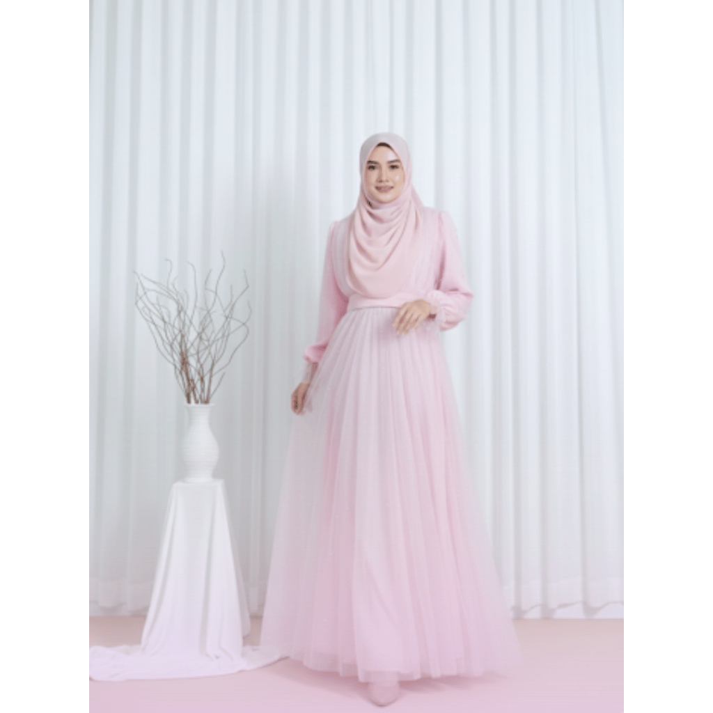 Gaun Pesta Wanita Elegant Premium Tulle Mutiara • Dress Panjang Muslimah Modern • Baju Kondangan Hij