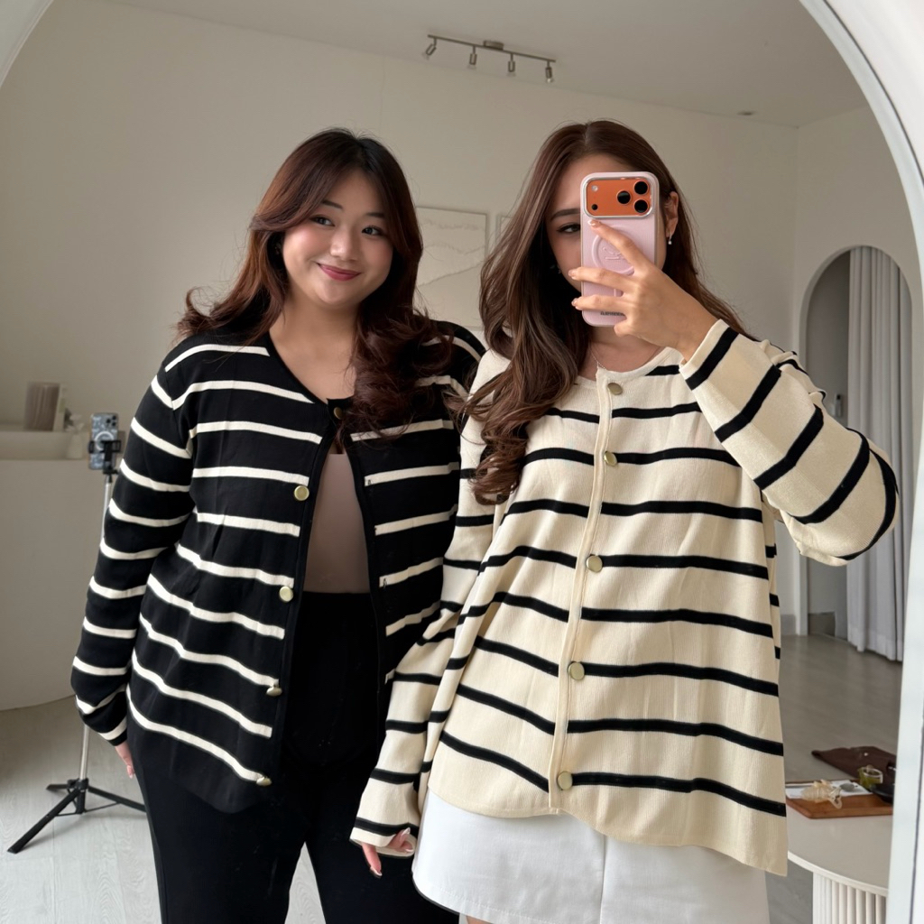 Blazer Cardigan Rajut Motif Garis Wanita Plus Size