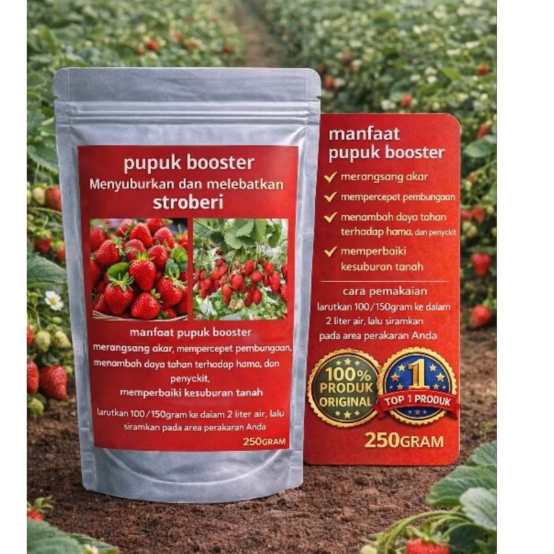 pupuk booster stroberi 250gram, pupuk pelebat buah stroberi, pupuk organik