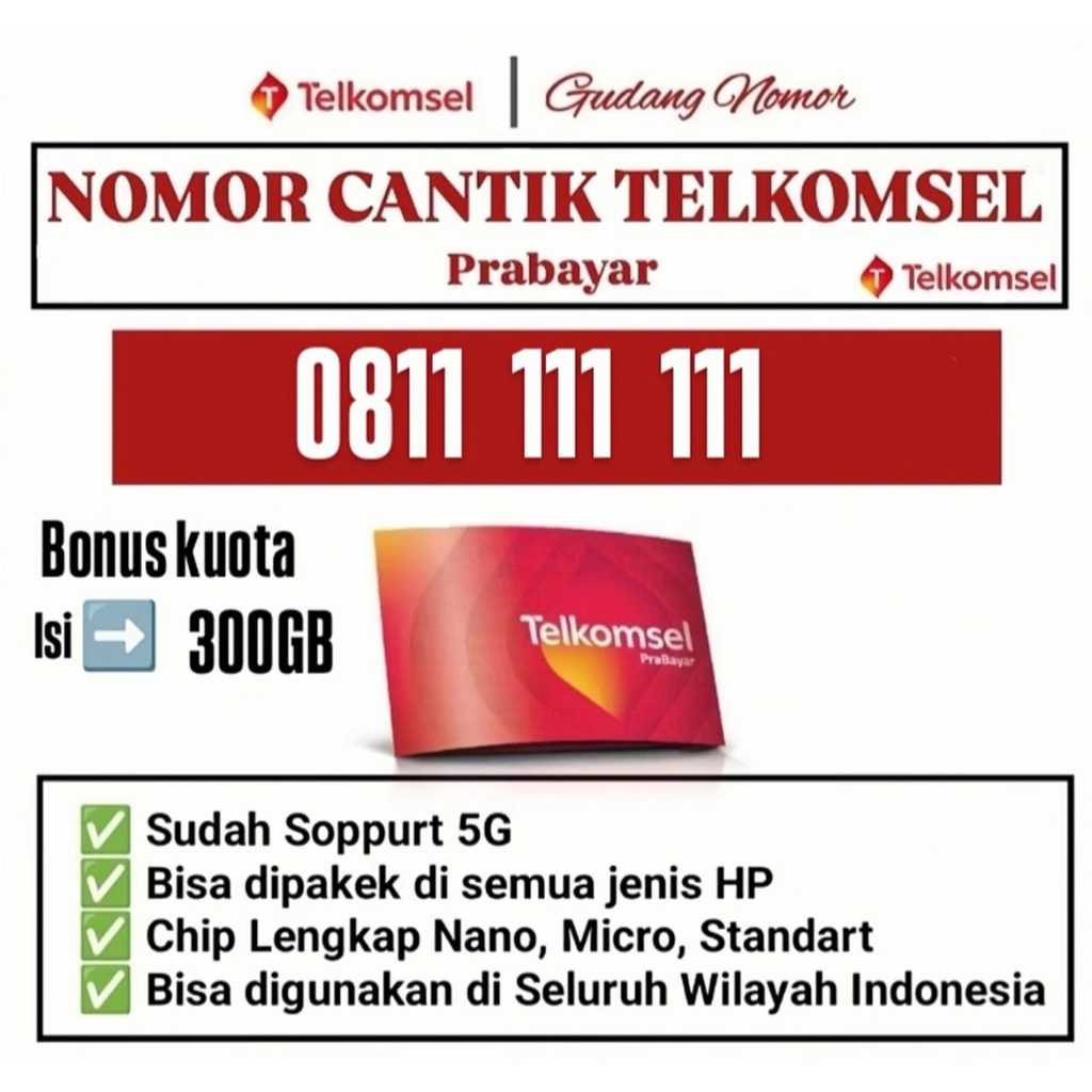 Kartu Perdana Telkomsel nomor cantik 10-digit kuota internet utama 300GB 10-digit