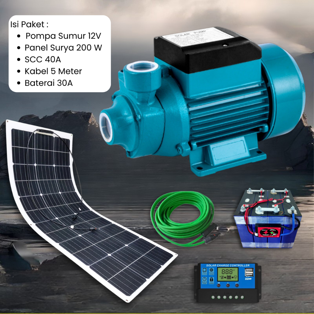 Paket Pompa Air DC 12V Panel Surya 200WP Solar Charger Controller MPPT Baterai Lifepo4