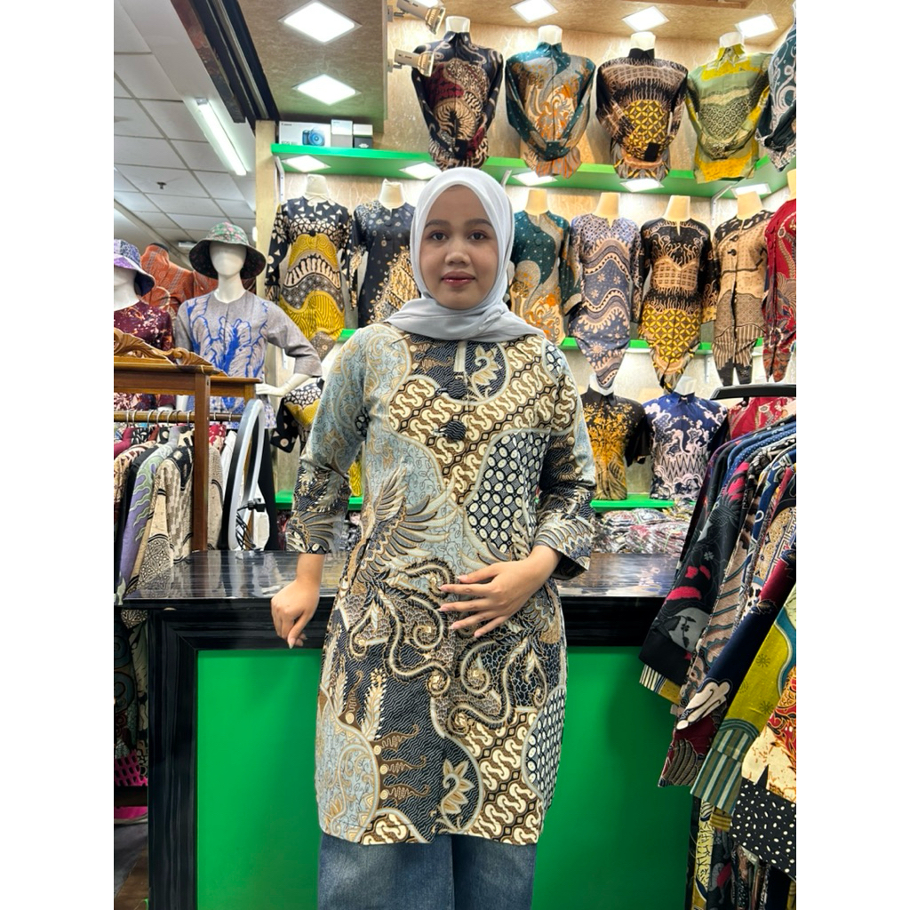 Tunik Batik Wanita MOTIF BLUEPONIK Katun Adem Lapis Trikot By BATIK RAMA