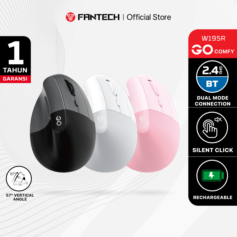 Fantech Wireless Vertical Mouse Ergonomis Silent Click 2.4ghz + Bluetooth 5 Mouse Office Kantor W195