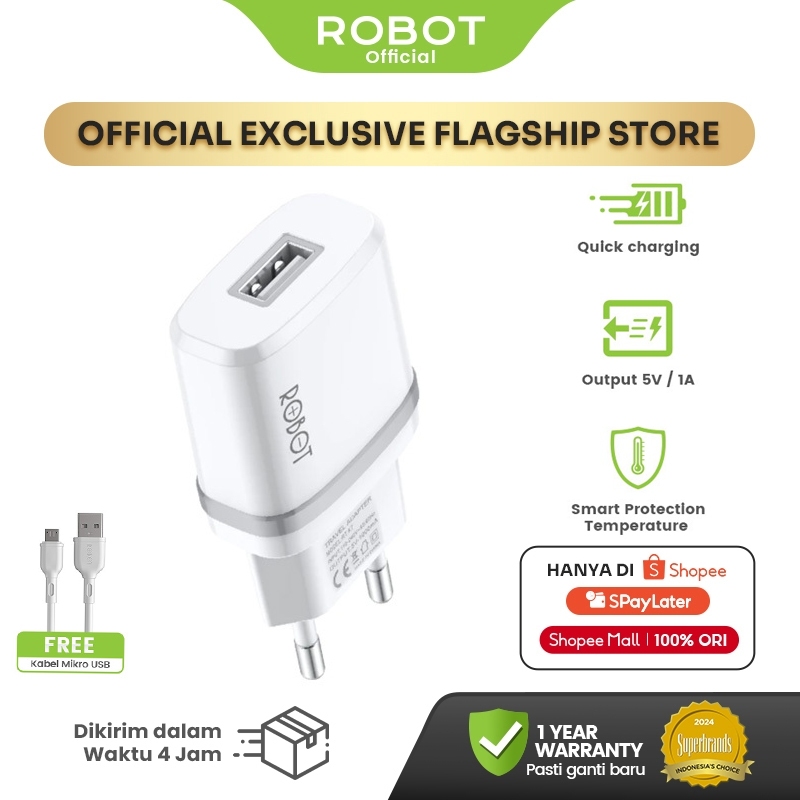 ROBOT Adaptor Kepala Fast Charger iPhone & Android Universal 1A USB with Kabel Micro 1M Gratis RT-K7