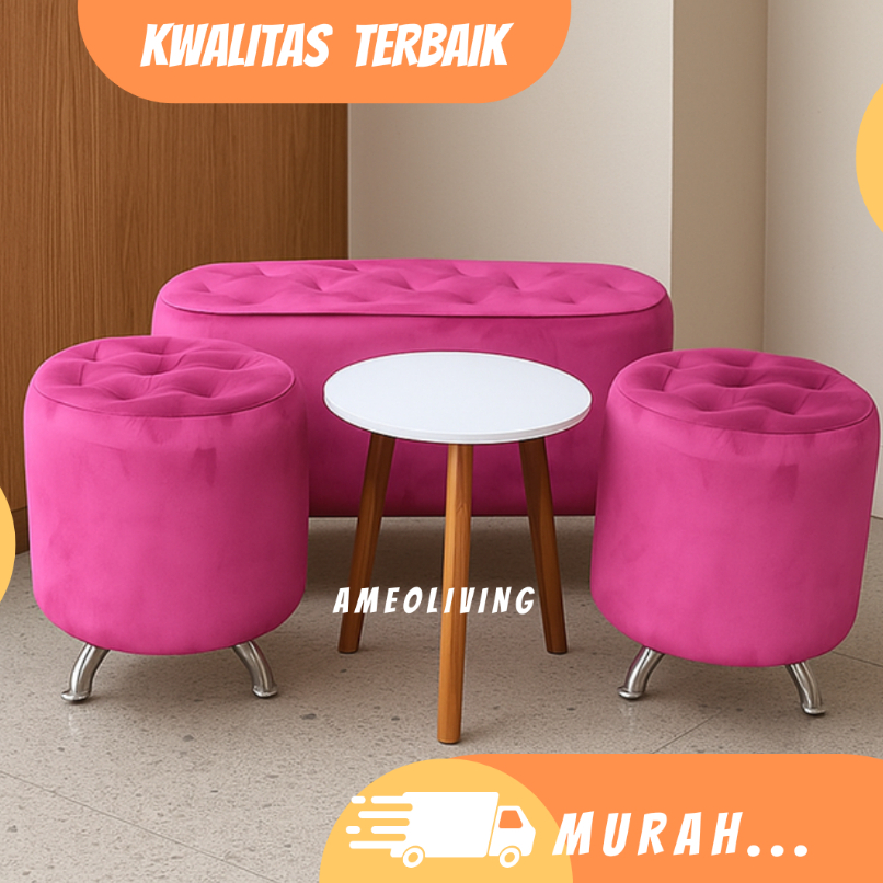 Set Sofa Bundling Kaki Stainless - 1 Bench Oval 90 + 2 Stool Bulat + 1 Meja - Set Sofa - 1 Set Sofa