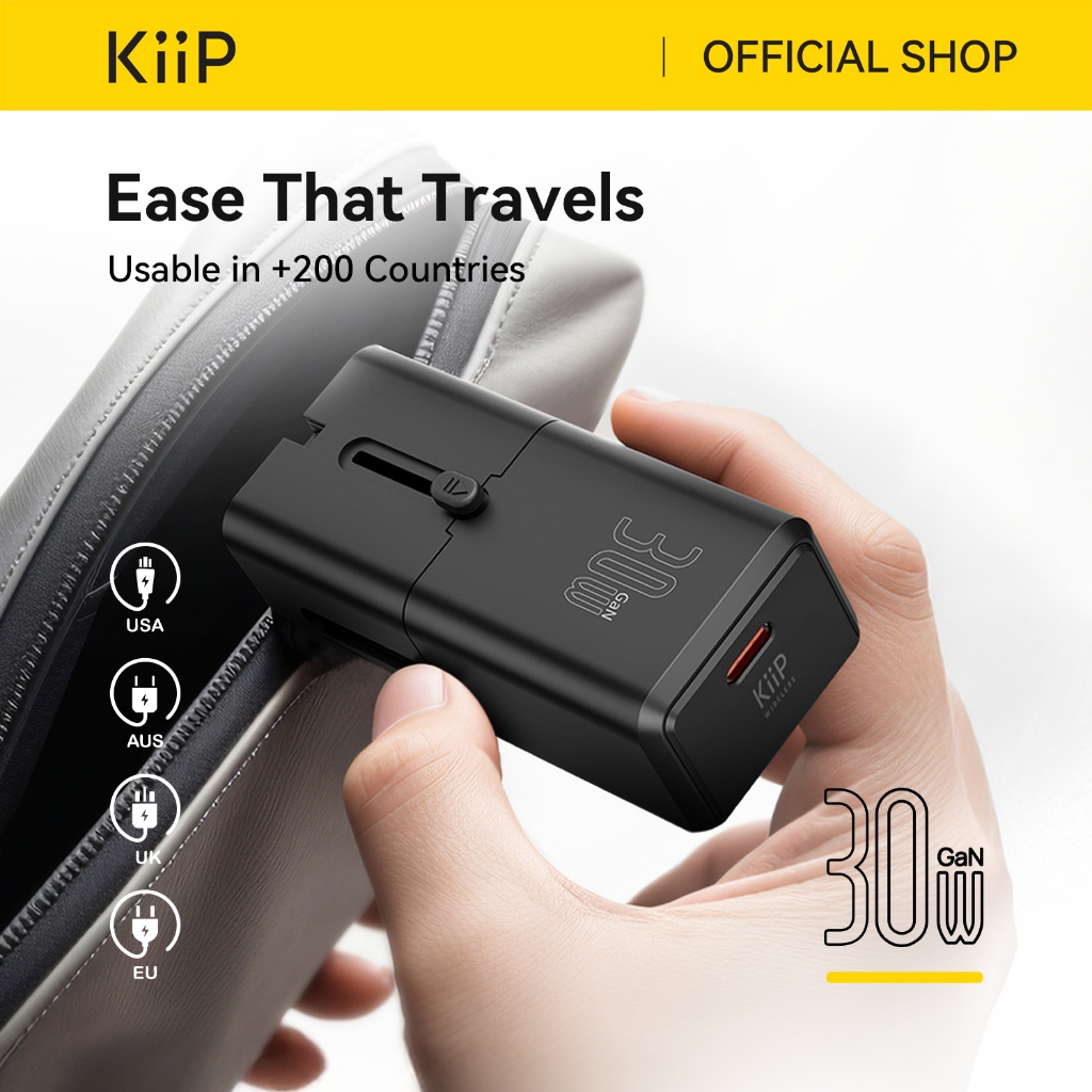 KiiP C23T Universal Travel Adaptor Charger Mini Fast Charging 30W GaN Portable Travel