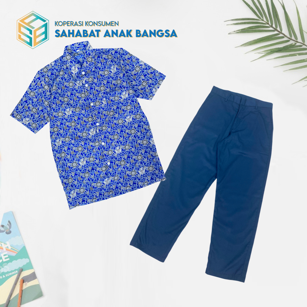 Satu Setelan Seragam Sekolah Untuk Anak SMP/MTS Batik Rampe Biru Lengan Pendek Dan celana Panjang Wa