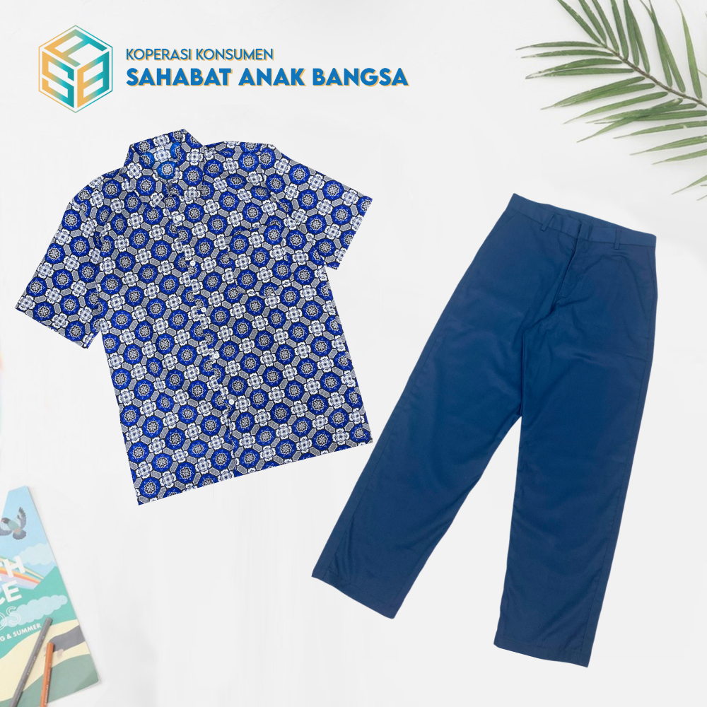 Satu Setelan Seragam Batik Sekolah Untuk Anak SMP/MTS Motif Batik Bunga Matahari Warna Biru Lengan P