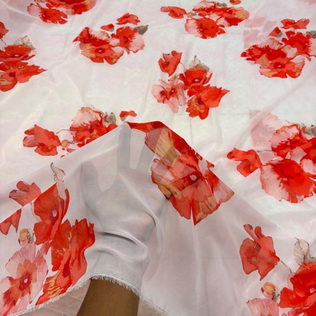 Kain Sifon Ceruti Print Bunga Pink Vintage Motif Floral Premium Meteran | Bahan Jilbab Segiempat Sya