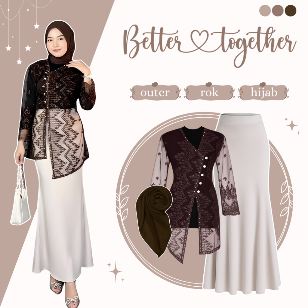 Setelan Wanita One Set Terbaru ( Outer Brukat - Rok Duyung - Hijab ) Satu Set Outfit Remaja Kekinian
