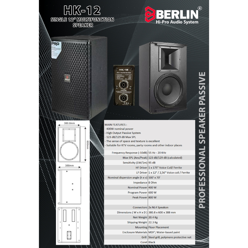 Berlin Audio Speaker Pasif HK-12 | 12 inch | 400W Power | Speaker 12 inch