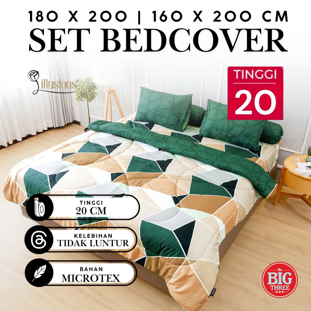 THEBIG3 Illusions Set Bedcover + Sprei 180x200 / 160x200 / Bedcover Saja Tinggi 20 cm Microtex