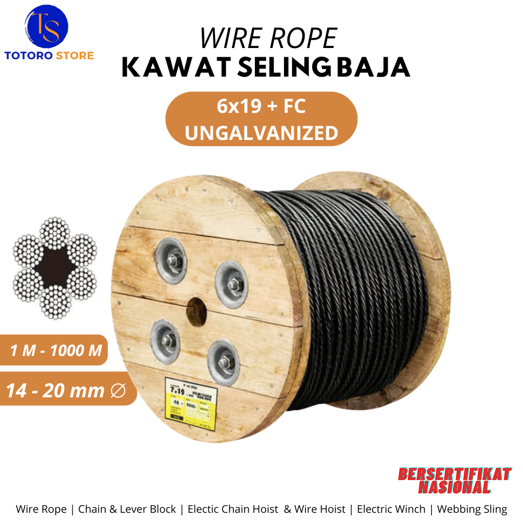 Wire Rope / Kawat Seling Baja 6x19 IWRC 14mm 16mm 20mm - 1 Meter Tali Seling Sling Baja Mobil Alat B