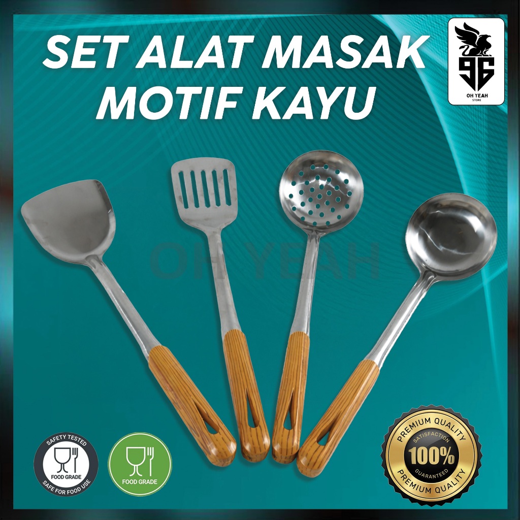 Sutil Spatula Centong Sup Irus Stainless Steel Gagang Motif Kayu | Alat Masak Dapur Profesional Stai