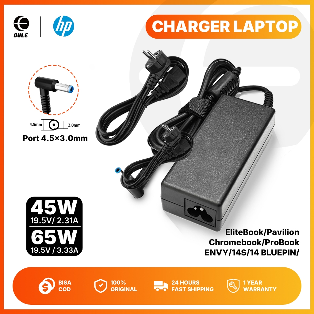 Charger Laptop HP Original 45W 65W 90W Blue Pin 4.5*3.0 - Untuk HP 14 14s Series 14-bs007tx 14s-cf2x