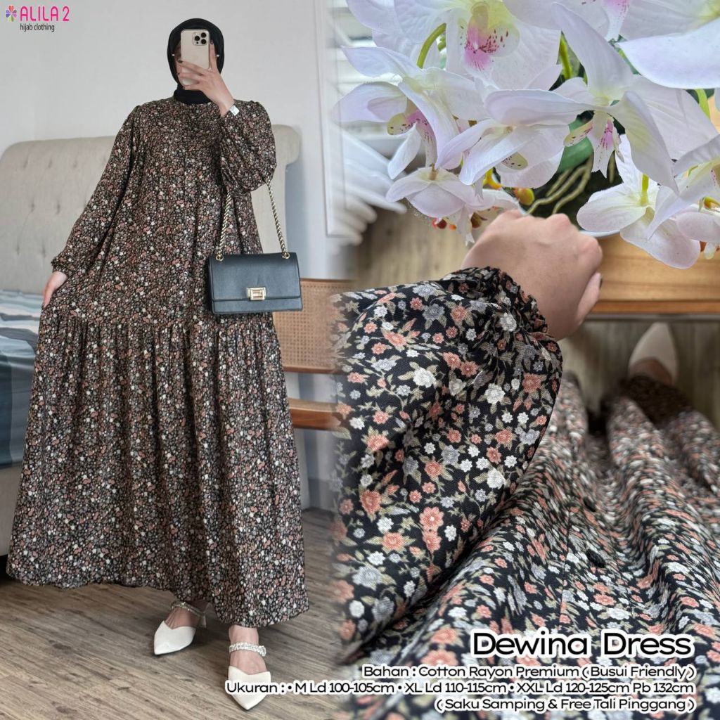 Baju Wanita Dewina Dress Gamis Rayon Premium Size M-XXL Motif Bunga Vintage - Dress Muslim Busui Fri