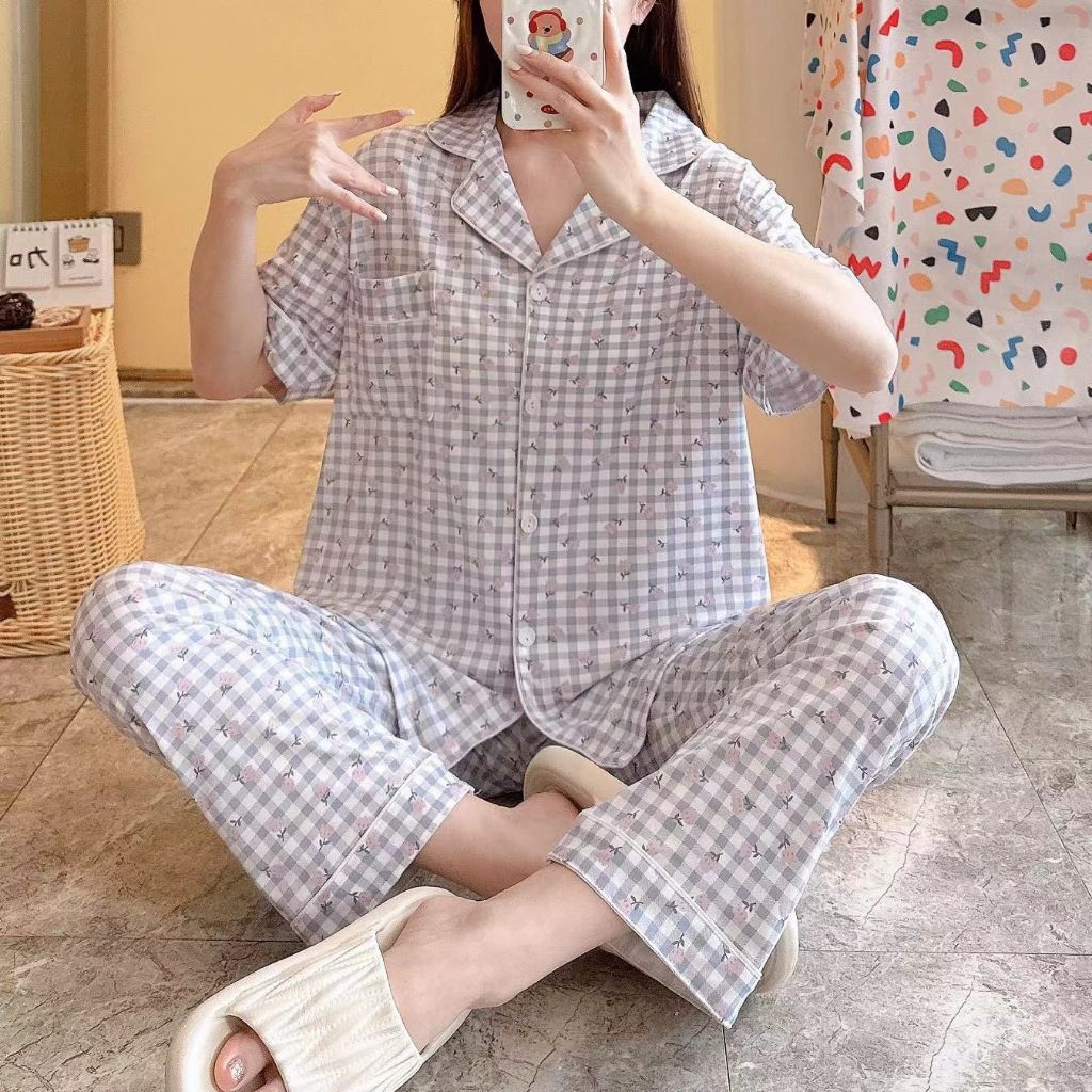 Set Babydoll Piyama Baju Tidur Lengan Pendek Celana Panjang Model Krah Segitiga Rempel Kotak-Kotak