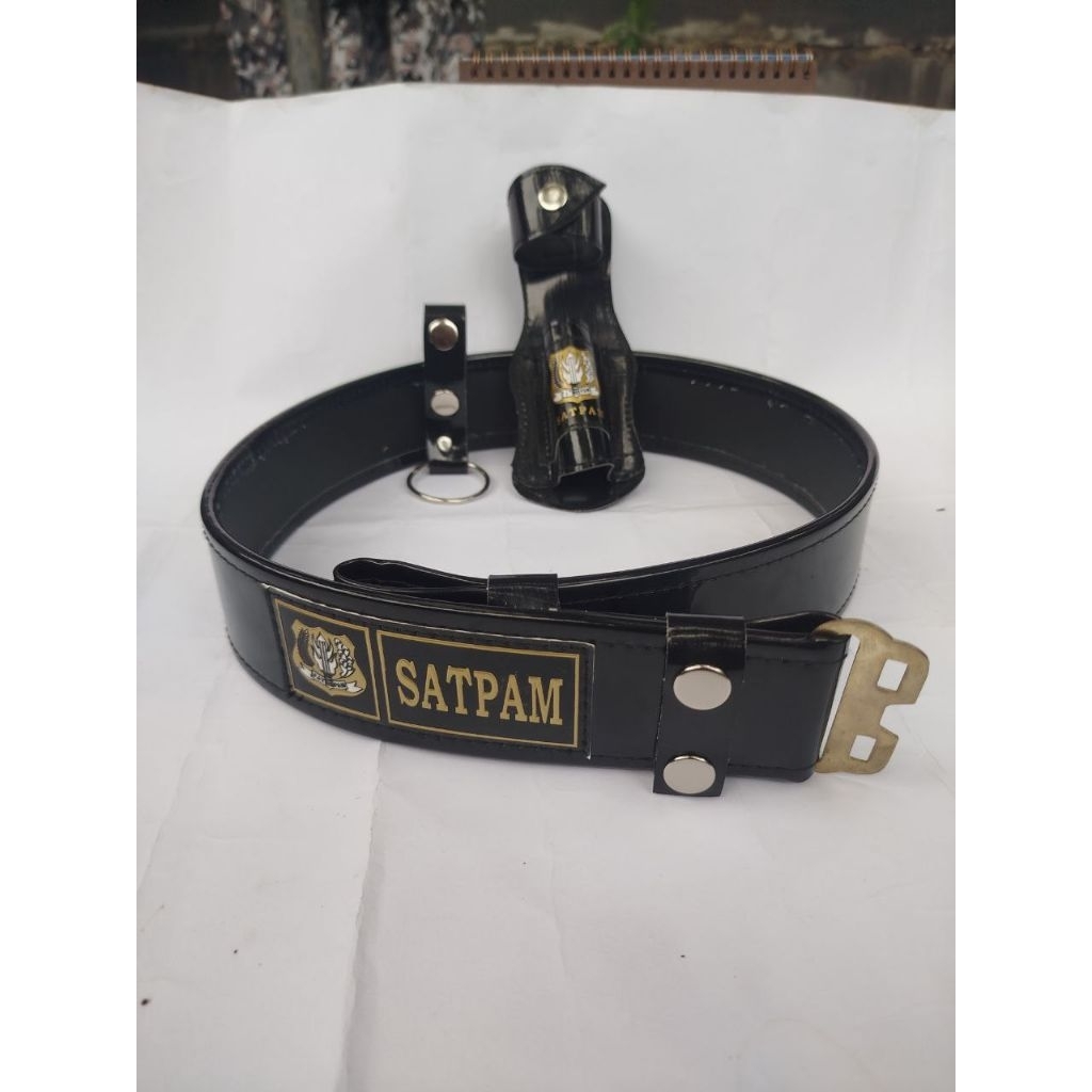 PAKET ATRIBUT SATPAM LOGO KUNING : SABUK KOPEL, SARUNG PENTUNGAN,DAN RING TONGKAT BESI