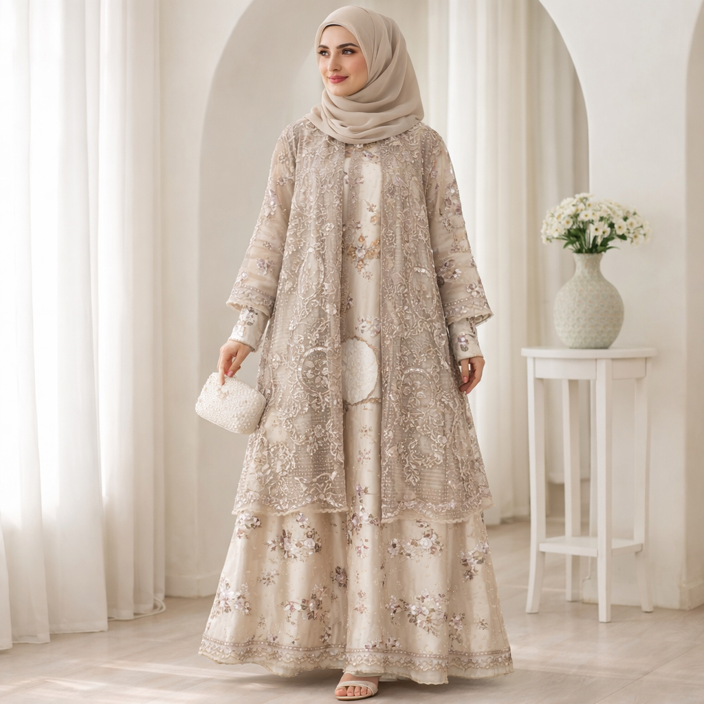 Queenwearstore – Gamis Lebaran Wanita Premium Rompi Brukat Tile | Set Gamis + Rompi Lepas Elegan