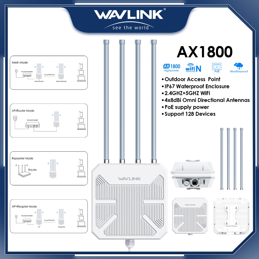 Wavlink Wifi6 Extender Dual Band Ax3000 IP67 PoE 4x8dBi Outdoor Mesh