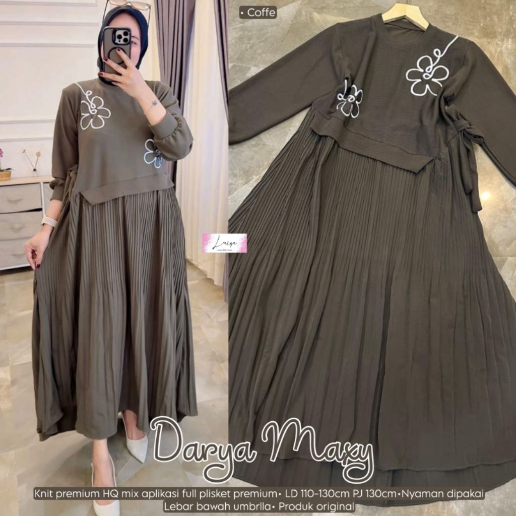 Darya Maxy Dress Gamis Polos Plisket Kombinasi Bunga Tebal