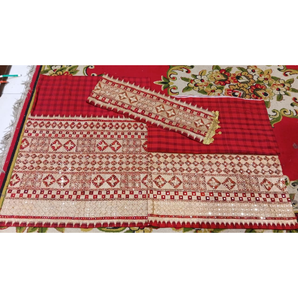 tapis songket lampung benang sulam emas asli handmade mama papa + peci custom antik