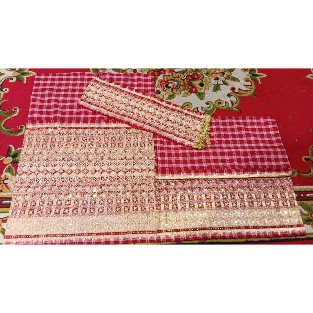 tapis songket lampung benang sulam emas asli handmade mama papa + peci custom antik