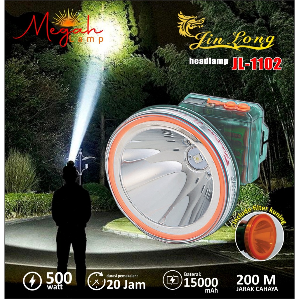 Senter Kepala / Headlamp Jinlong JL 1102 waterproof / Tahan air 500 watt super terang Baterai 15000m