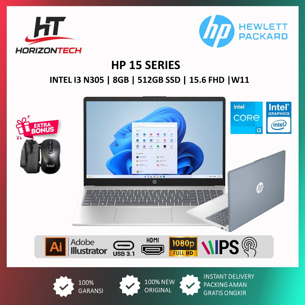 Laptop HP 15 Intel Core I3 N305 8GB 512GB 15.6 FHD IPS Touch Screen Windows 11 Home