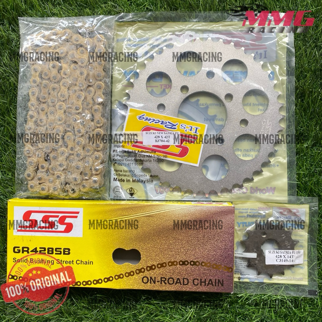 Original Gear SSS Set 428 + Rantai SSS 428 SB untuk motor Satria Fu Lama, Satria Fu Baru,Satria Baro