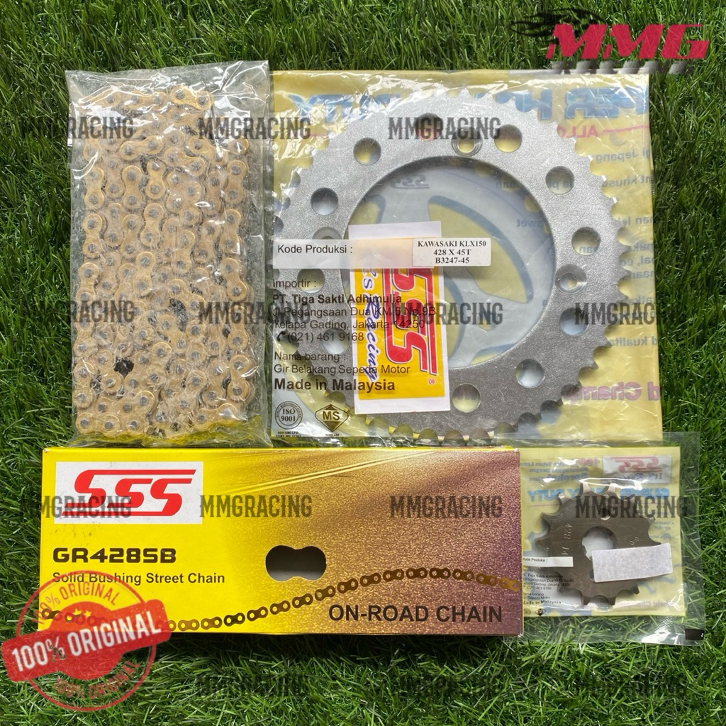 Original Gear SSS Set 428 + Rantai SSS 428 SB untuk motor Klx150, Klx150s, Klx150 supermoto, Dtracke
