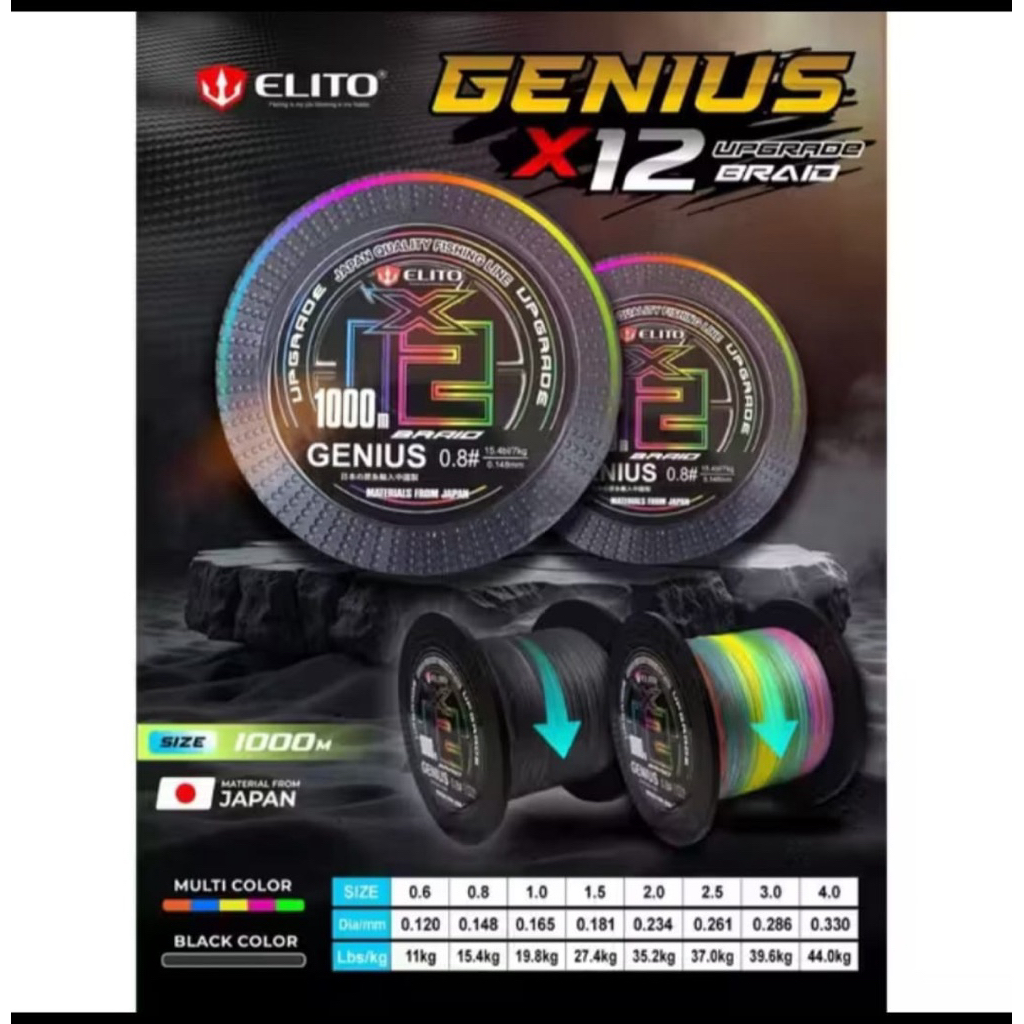 PE ELITO GENIUS X12 BRAID 1000M Material From JAPAN WARNA MULTICOLOUR