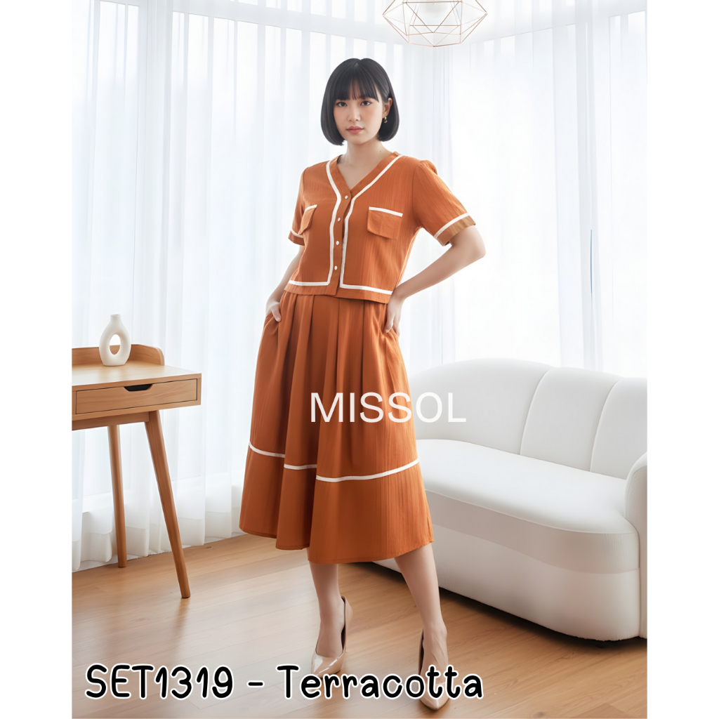 MISSOL one set wanita atasan dan rok flare korean style polos linen SET1319  presenter tv one