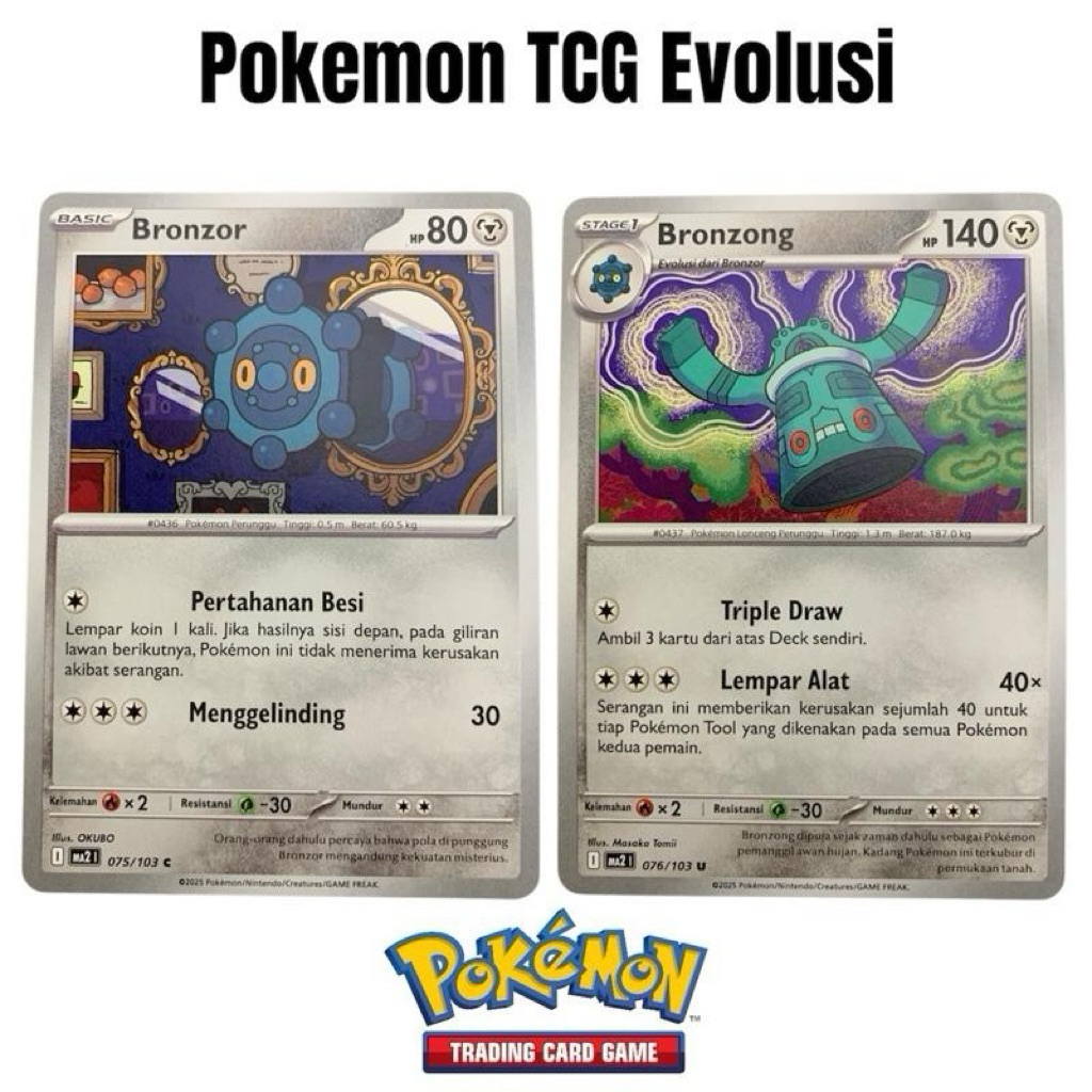 Pokemon TCG Foil Bronzor C Evolin Bronzong U (MA2 075&076/103) Original Card Indoneisa