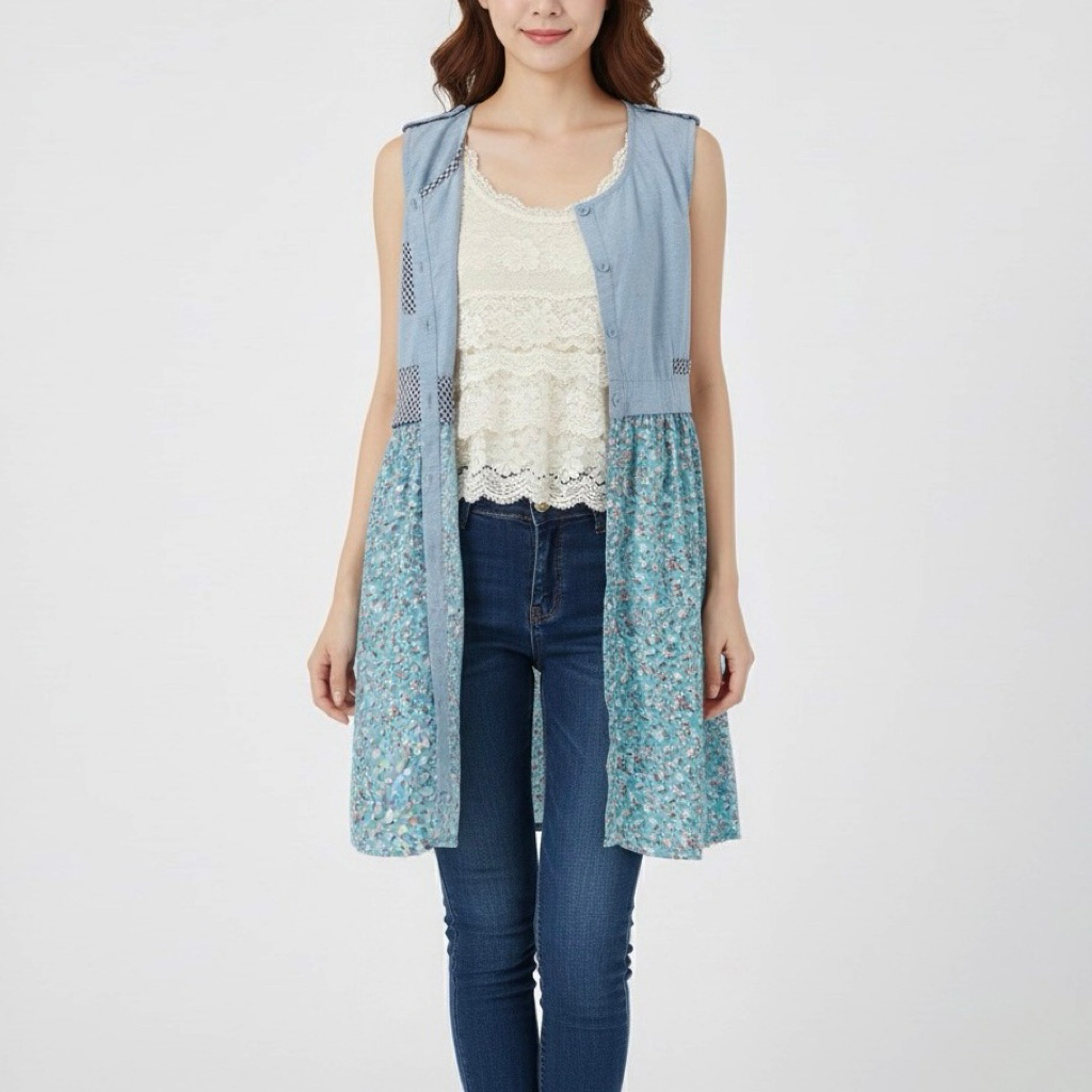 DRESS TUNIK OUTER KUTUNG LINEN KATUN BUNGA BIRU MUDA KOREA IMPORT