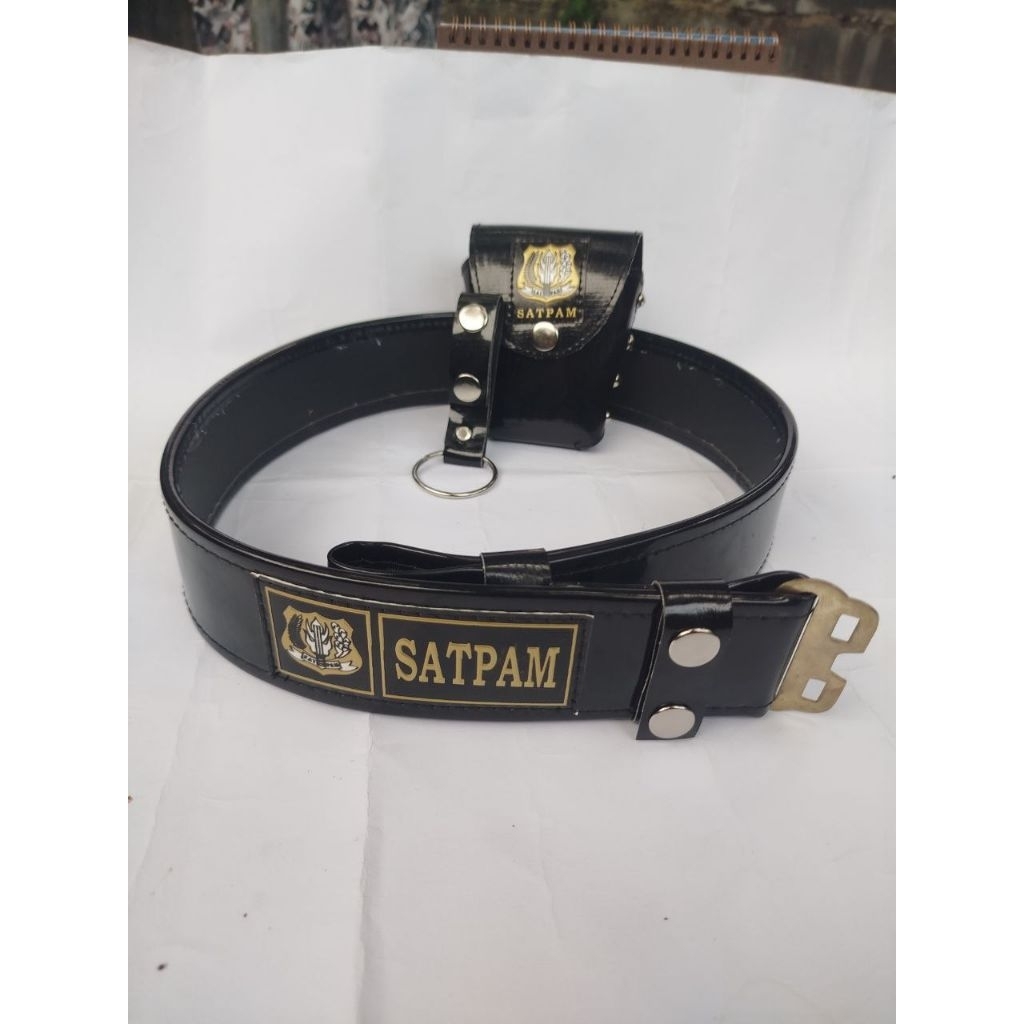PAKET ATRIBUT SATPAM LOGO KUNING : SABUK KOPEL, SARUNG BORGOL,DAN RING TONGKAT BESI
