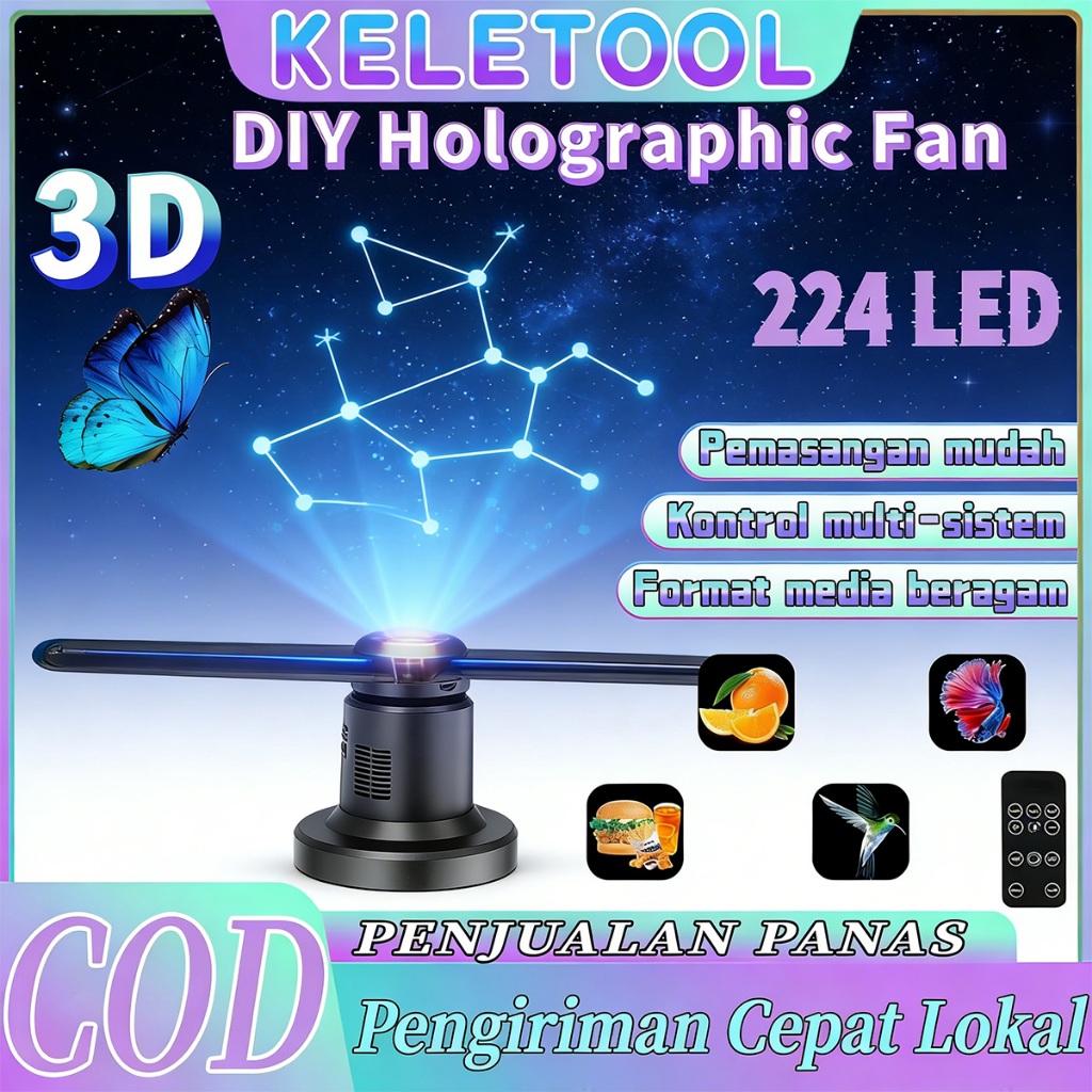 Hologram 3D LED Fan Display Kipas 3D Hologram RGB Iklan Video Animasi 3 Dimensi 224 Lampu Mesin Ikla