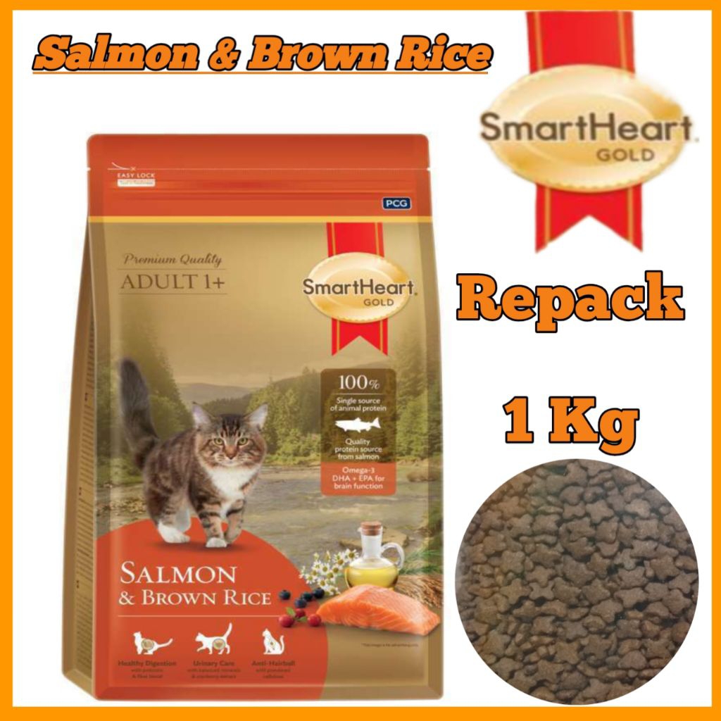 SmartHeart Gold Makanan Kucing Salmon & Brown Rice Repack 1 Kg Premium Quality Adult 1+