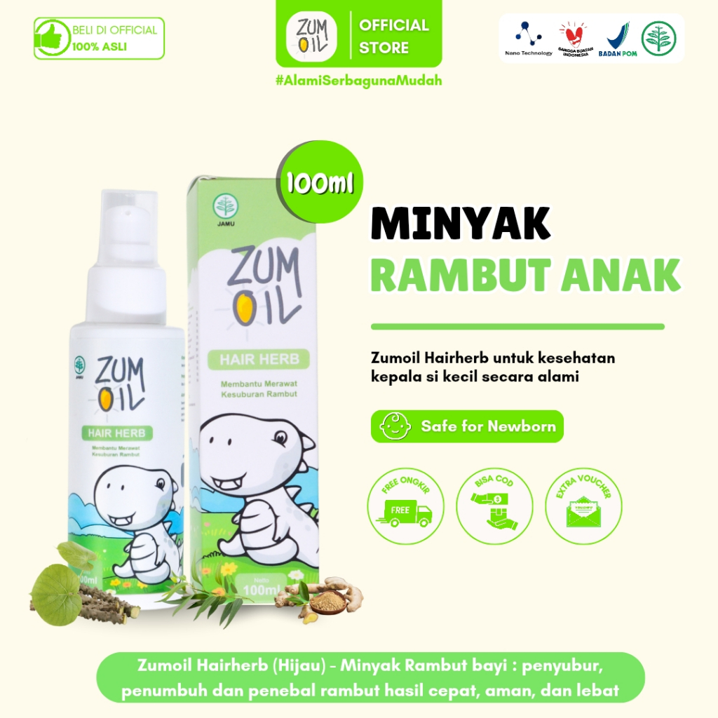 Zumoil Hairherb (Hijau) - Minyak Rambut bayi : penyubur, penumbuh dan penebal rambut hasil cepat, am