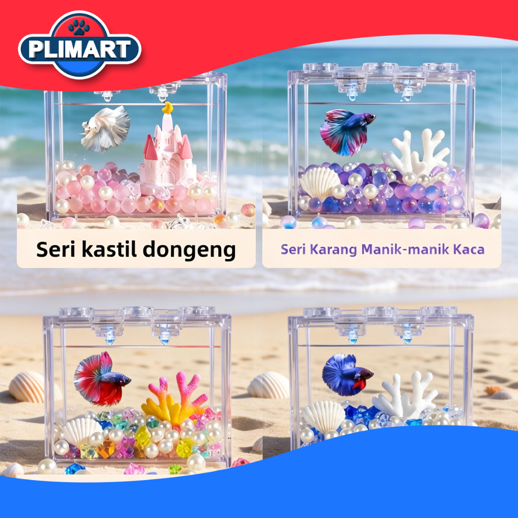 Set Aquarium Mini Lengkap | Akuarium Ikan Hias Transparan + Dekorasi | Cocok untuk Cupang, Guppy & A