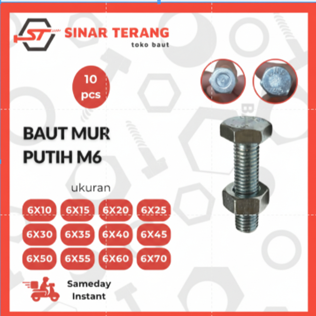 (10pcs) Baut Dan Mur Besi Putih M6 10MM - 100MM - Baut Putih Kunci 10 - Baut Galvanis - Bolt Nut Whi