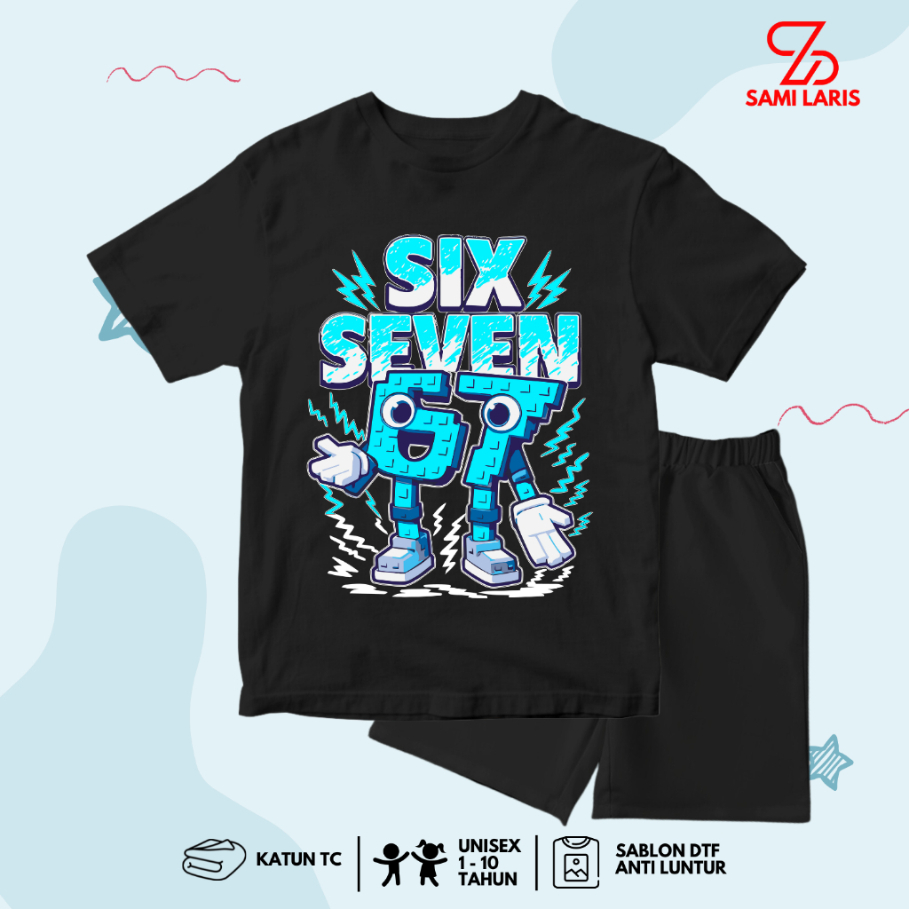 Setelan Baju Kaos Six Seven Anak Laki Laki - Kaos Anak Karakter Anomali 67 Lucu Umur 1 - 10 Tahun