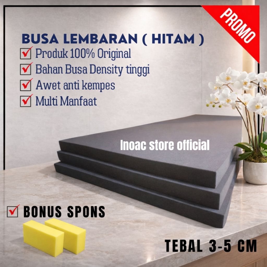 Busa Lembaran Hitam Tebal 5cm – Inoac Original | Busa Padat Anti Kempes + Bonus Spons