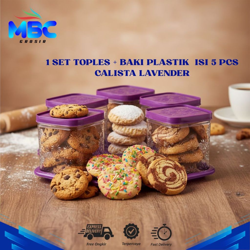 1Set Toples + Baki Plastik isi 5 pcs Calista Lavender, Toples Kedap Udara