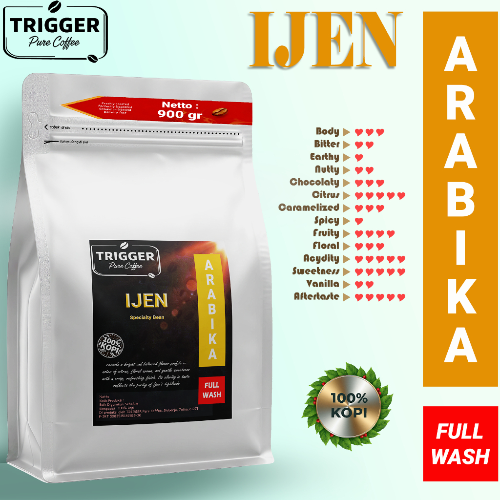 ARABIKA IJEN TRIGGER PURE COFFEE Fullwash Specialty Kopi GRADE 1 Biji Sortir Petik Merah Full Wash