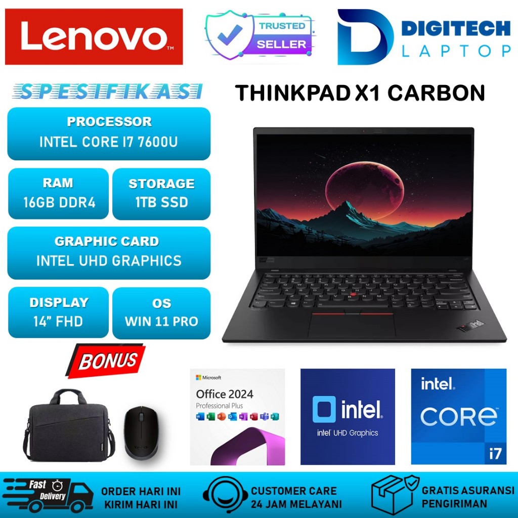 Lenovo Thinkpad X1 Carbon Intel Core i7  7600U 16GB 1TB 14" FHD Win 11 Office 2024 Black