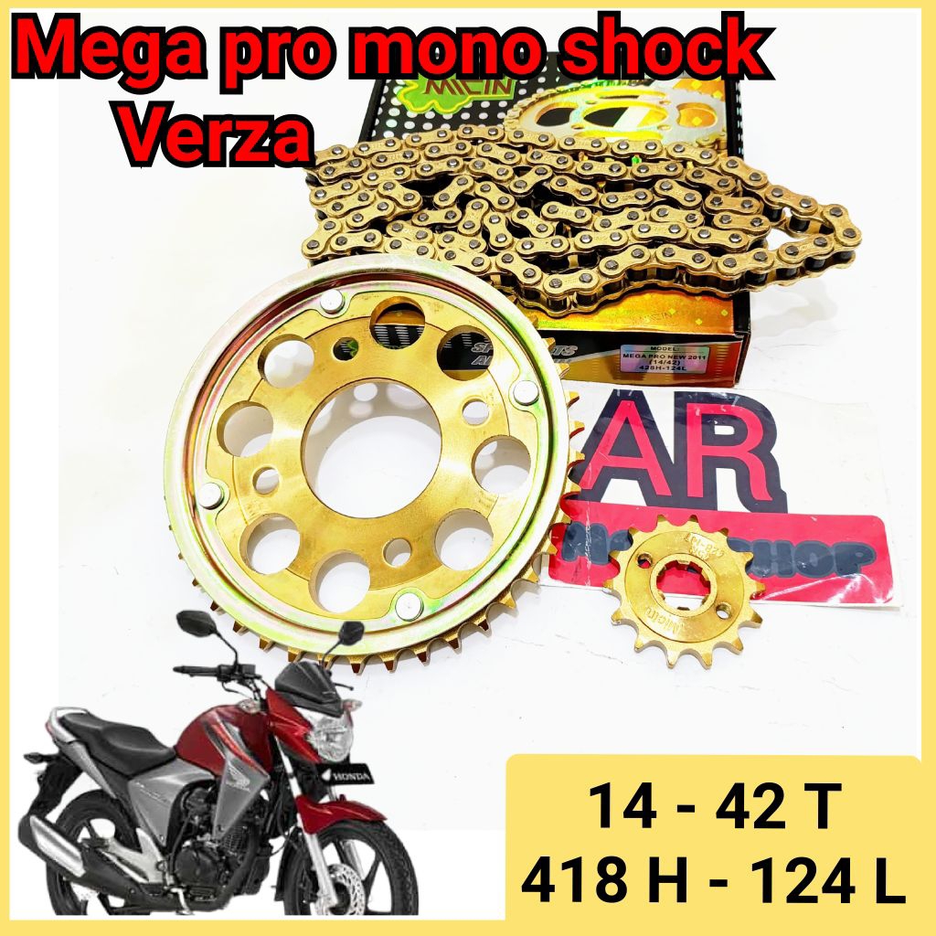gear set / gir + rantai KYE gold series honda megapro mono shock & verza fi