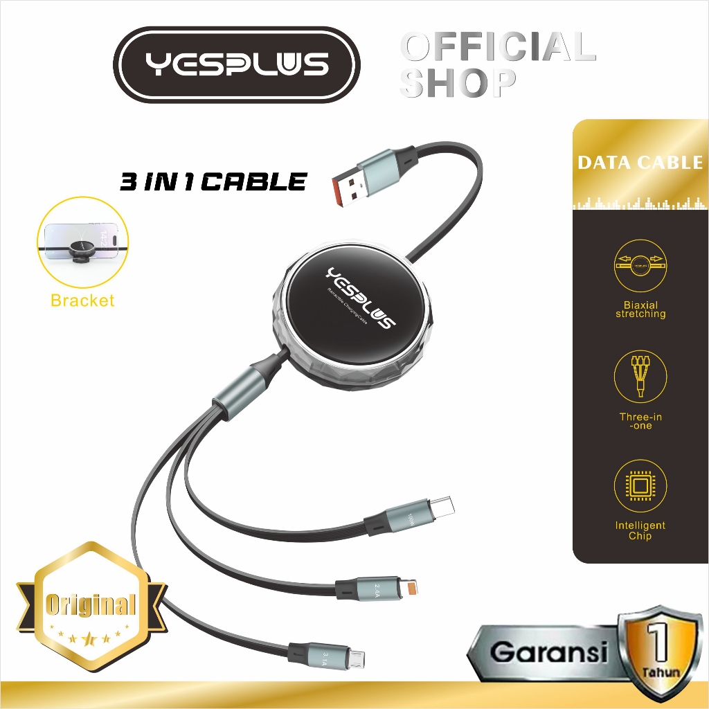 Kabel Data Yesplus Ys-881 Stretch Roll 3In1 100W + Holder Kabel Travel Fast Charging