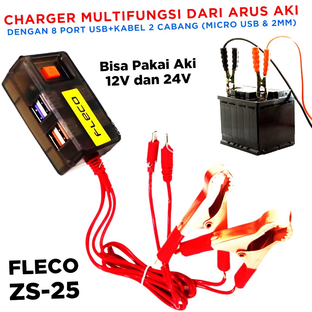 Charger HP Dari Arus Aki Casan HP Dari Aki Motor FLECO ZS-25 dengan 8 PORT USB + KABEL CABANG 2 (Mic