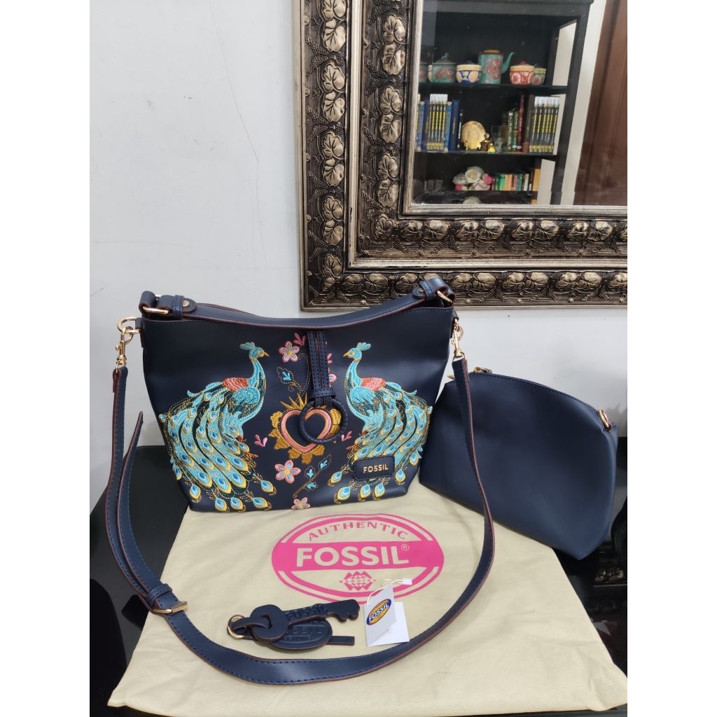 Tas bordir merak 2 in 1 free pouch bahan suede